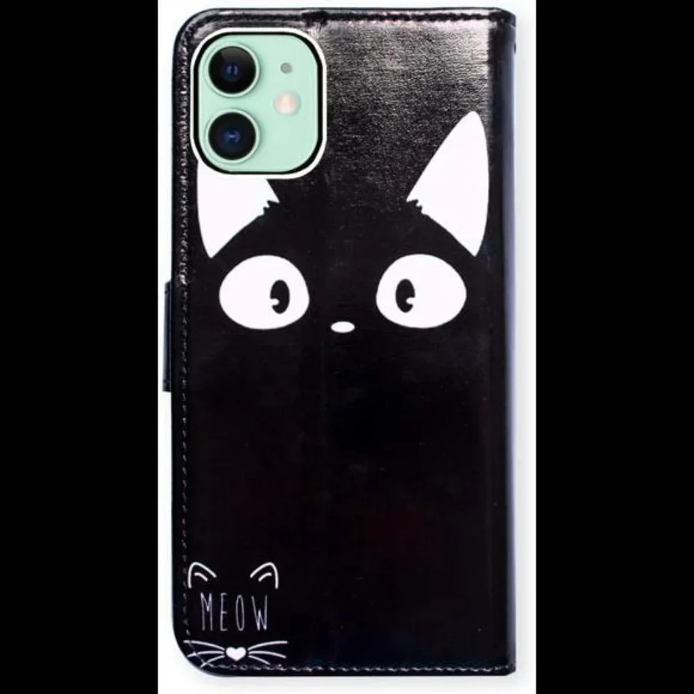 For iPhone 11 Case, White Ear Cat Black Card Slot Wallet Leather